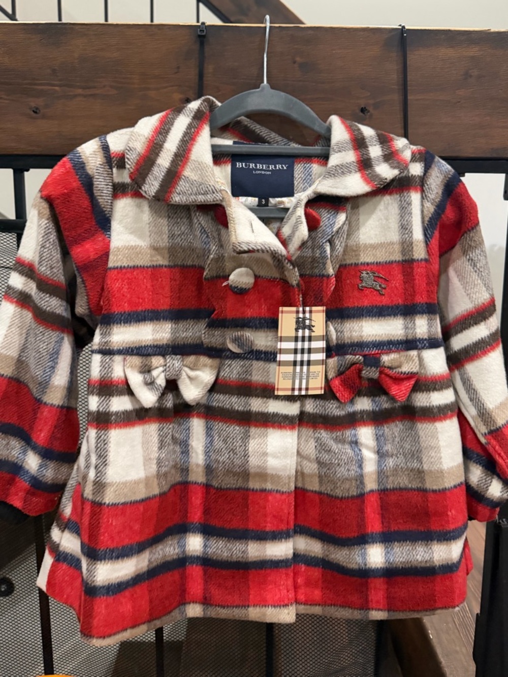 Burberry Red Beige Navy Plaid Girls Wool Jacket with Bows